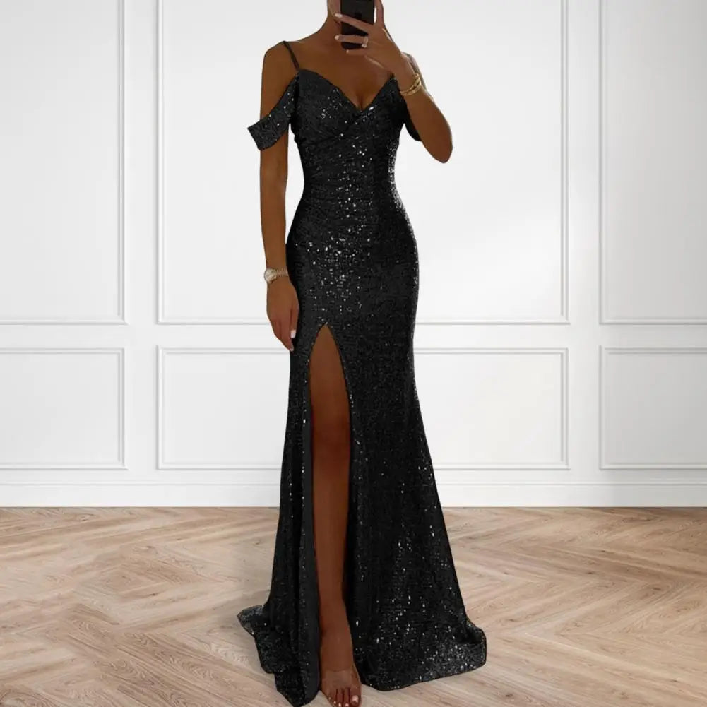 Shiny Sparkling Sequin Off-the-Shoulder V-Neck High Side Slit Party Maxi Dress