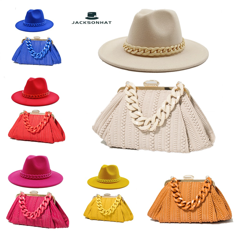 Fedora Chain Link Straw Hat + Chain Link Purse Set