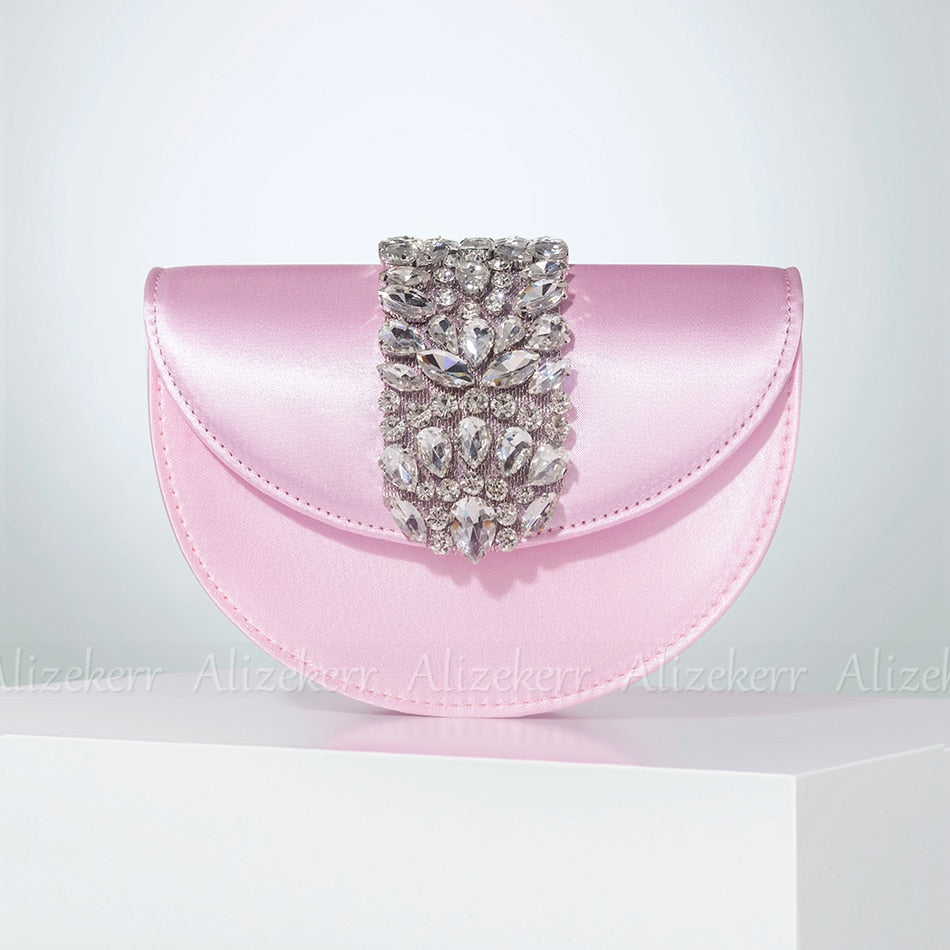 Satin Rhinestone Half Round Metal Ring Clutch Purse