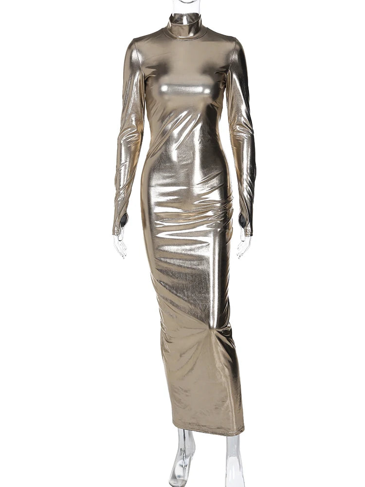 Metallic Faux Leather Turtleneck Long Sleeve Backless Solid Button Ruched Maxi Dress