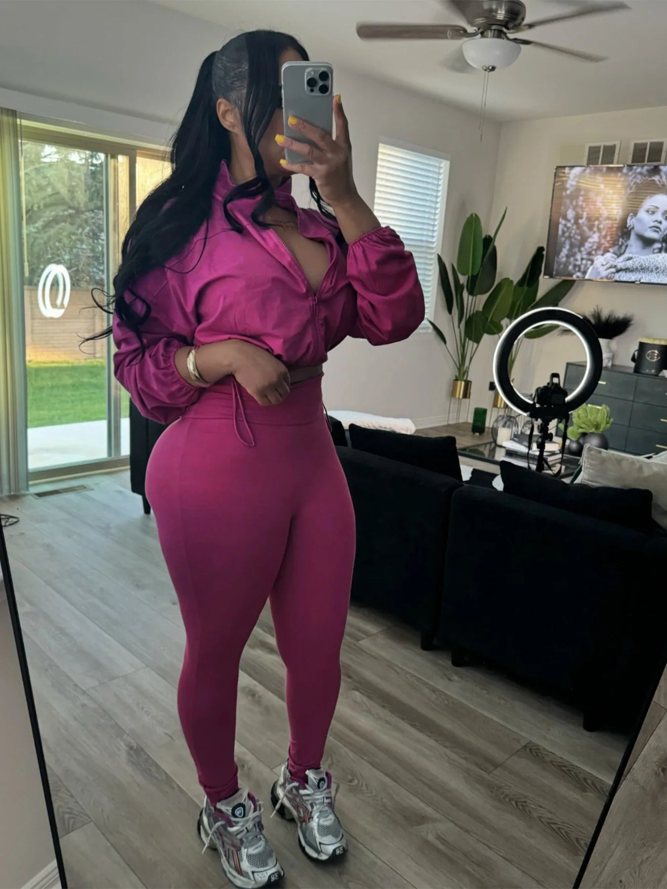 Pullover Women's Long Sleeve Drawstring Zipper Cropped Sweatshirt + Elastic Waist Leggings Tracksuit