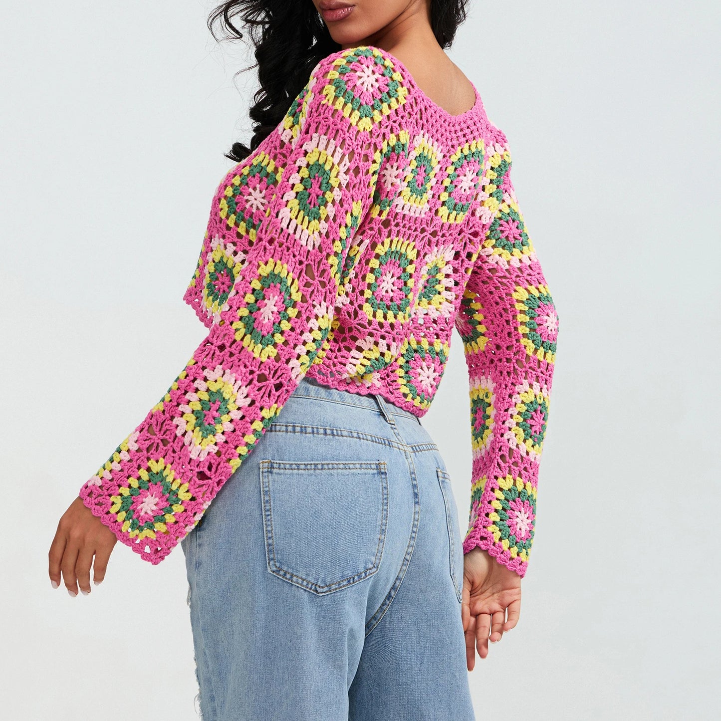 Crochet Square Floral Print Knitted Women’s Long Sleeve O-Neck Cropped Sweater
