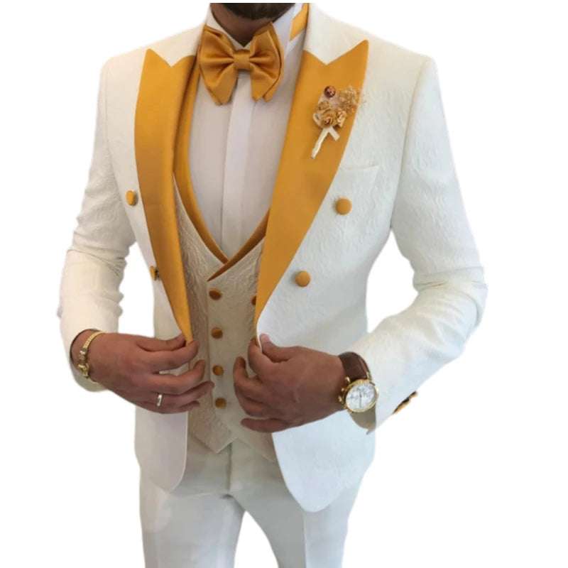 White/Yellow Men's Double Breasted Tuxedo Blazer Jacket with Vest & Pants 3-Piece Formal Prom/Wedding/Party Suit