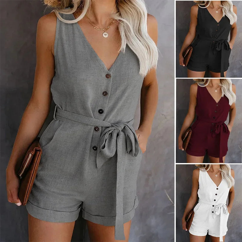 Sleeveless Button-Up Women's V-Neck Solid Color Monochromatic Sash Belt Romper