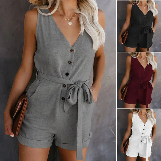 Sleeveless Button-Up Women's V-Neck Solid Color Monochromatic Sash Belt Romper