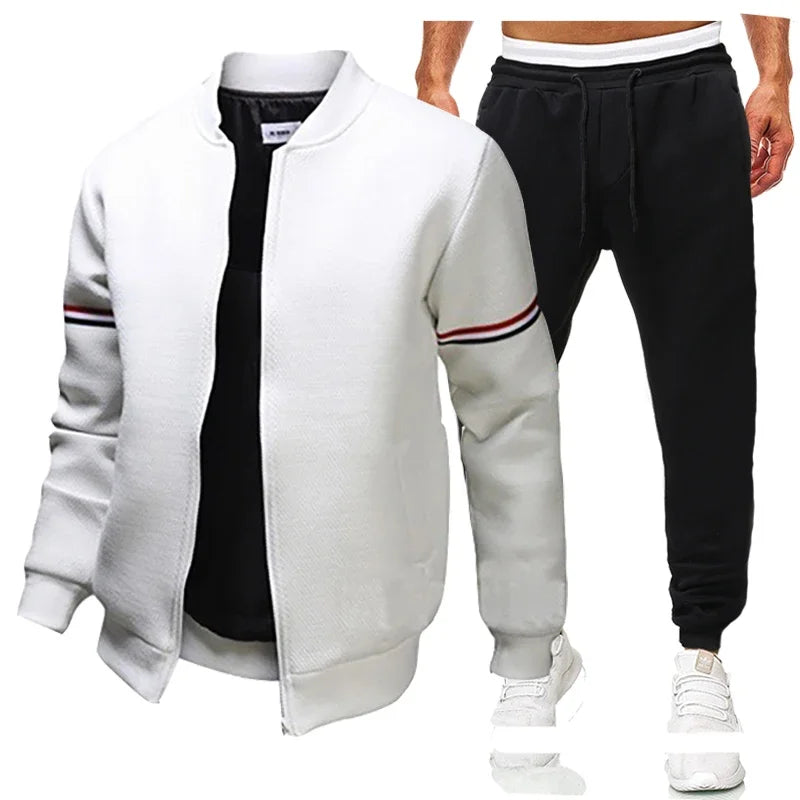 Men's Solid Color Side Striped Mandarin Collar Bomber Jacket + Sweatpants Tracksuit