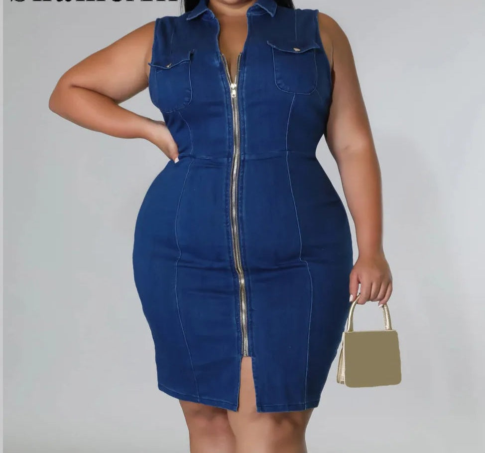 Denim Blue Solid Sleeveless Zipper Front Turn-Down Collar Bodycon Plus Size Jean Dress to 5X