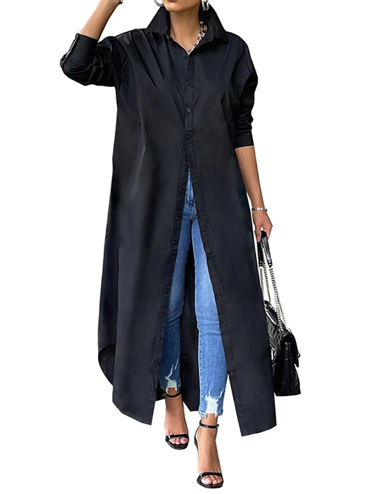 Solid Turn-Down Collar Long Sleeve Button-Up Single Breasted Kaftan Maxi Shirt Dress