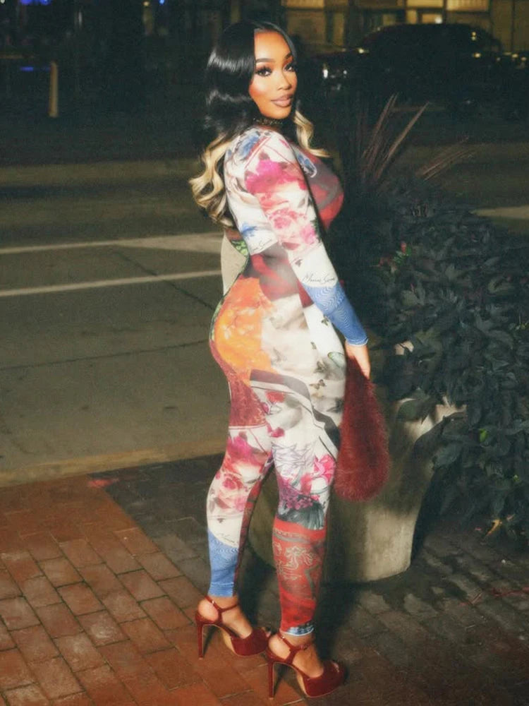 Multi-Colored Geometric Print Women's O-Neck Long Sleeve Skin Tight Jumpsuit