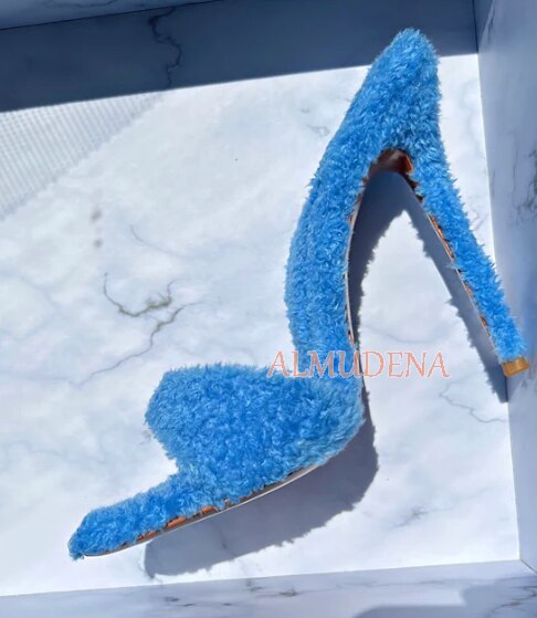 Pointed Toe Fur Mules Pencil Thin Heel Furry Stiletto Sandal Pumps