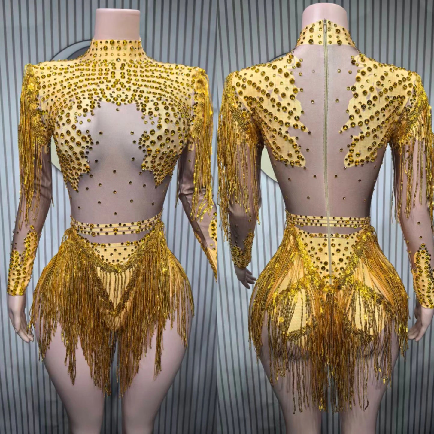 Sparkling Rhinestone Hollow-Out Long Sleeve Stage Formal Stage Performance Skin Tight Bodysuit