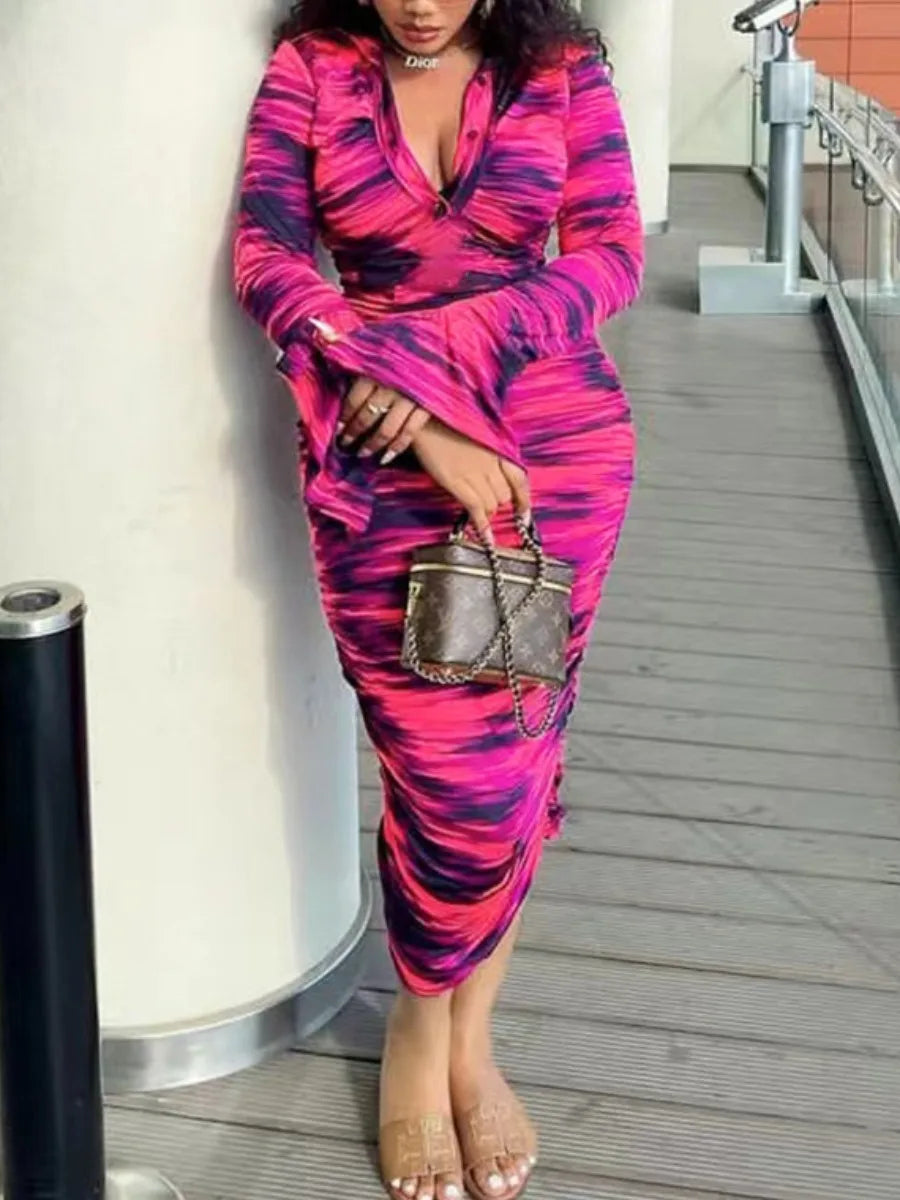 Shirred Ruched Hot Pink/Black Tie-Dye Turn-Down Collar Bodycon Pencil Slit Sleeve Draped Shirt Dress