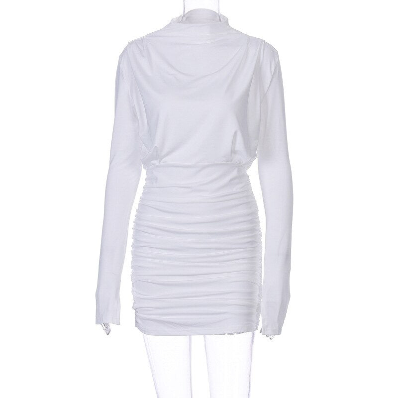 Chiffon Long Sleeve Slim O-Neck Zipper Pleated Dress