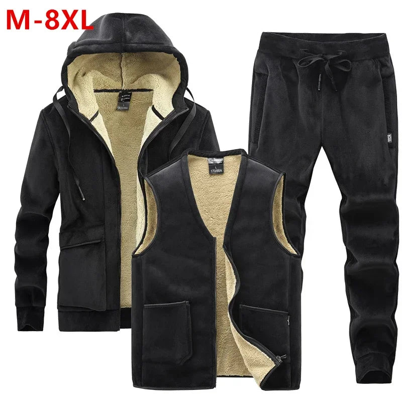 Men's Velvet Fleece Lined Drawstring 3-Piece Tracksuit w/ Zipper Hoodie Jacket + Vest + Sweatpants Set