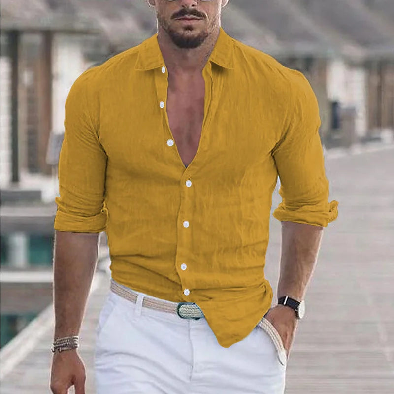 Men's Solid Color Single Breasted Button-Up Long Sleeve Turn-Down Collar Beach Shirt