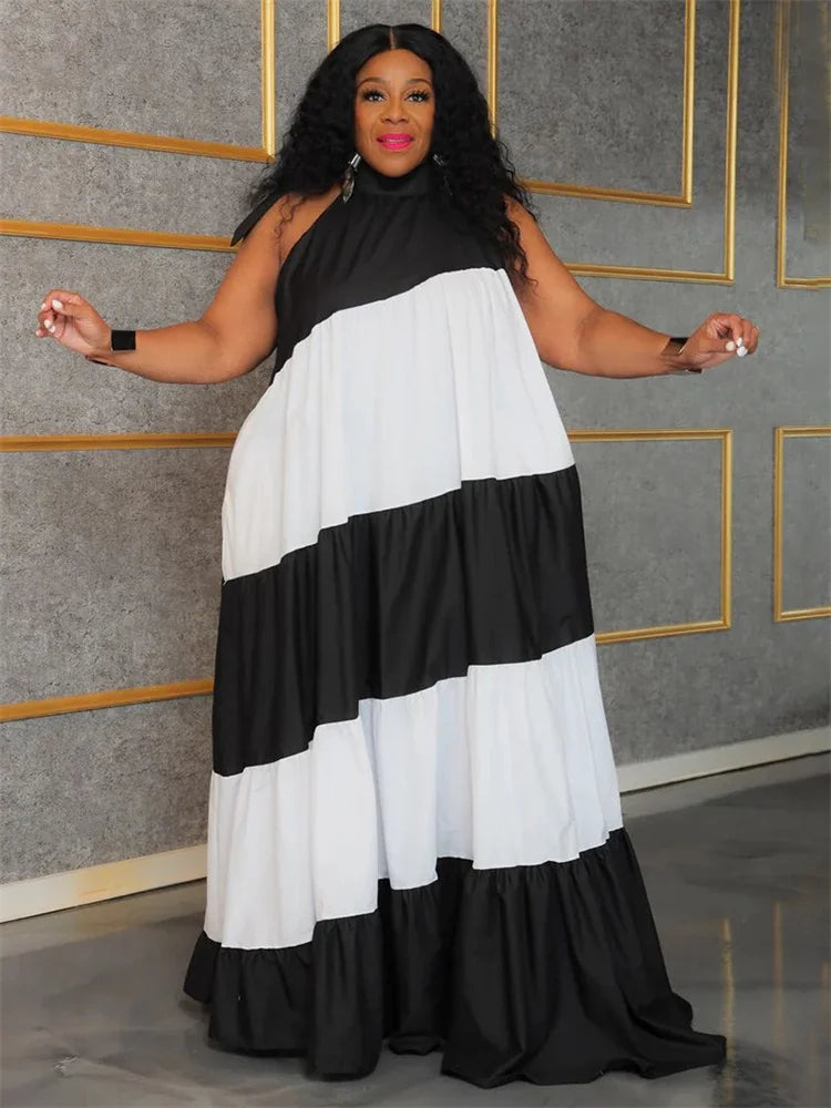 Ruffled Loose Oversized Colorblock Striped/Plaid/Flower Print Sleeveless O-Neck Bandage Maxi Dress to 5X Plus Size