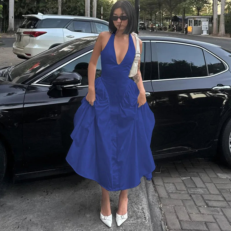 Sleeveless Halter Backless Deep V-Neck Solid Color Big Swing Maxi Dress