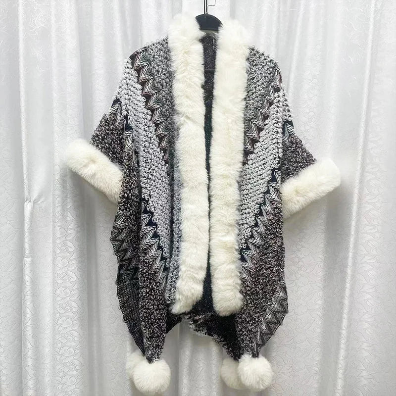 Hooded Fringe Tassel PomPom Decor Geometric Striped Colorblock Cape Cloak Shawl Wrap Scarf Sweater