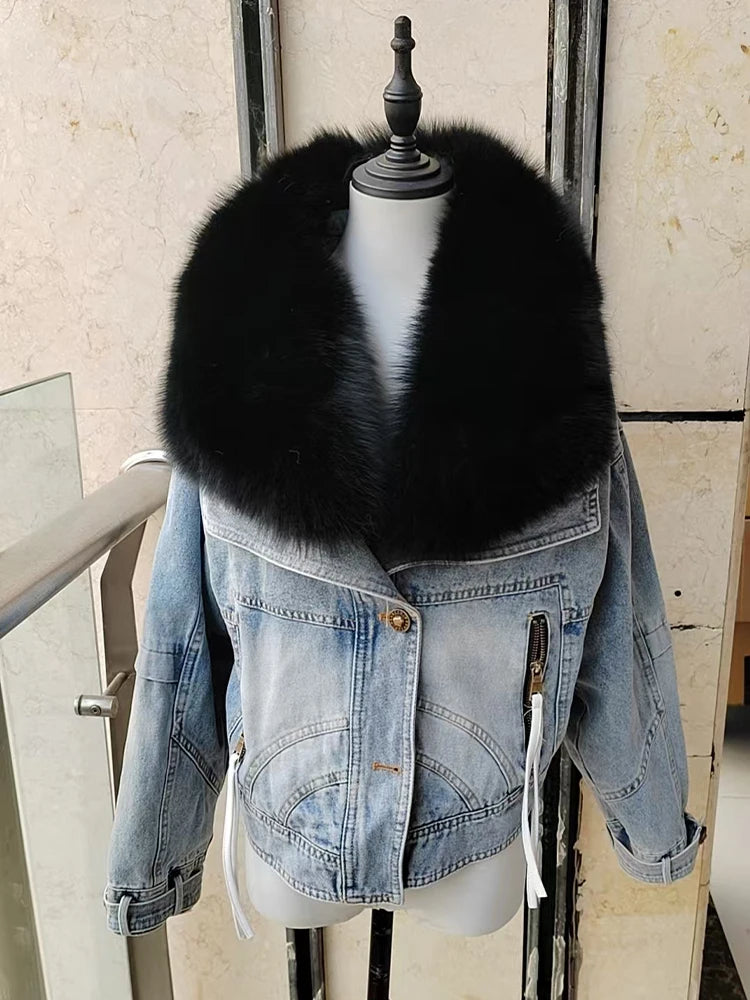 Denim Oversized 100% Real Fox Fur Collar Short Women's Goose Down Puffer Jean Jacket