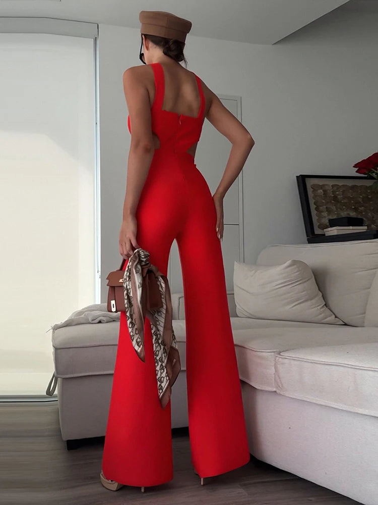 Red Designer Sleeveless Hollow-Out Bandage Backless Spilt Wide Leg Jumpsuit