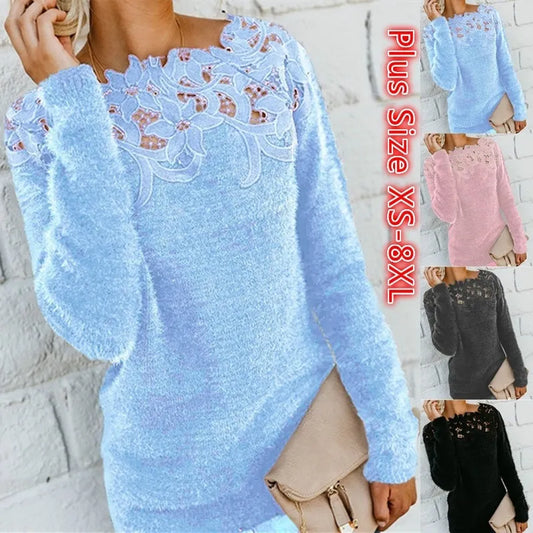 Lace Floral Print Pullover Long Sleeve Round Neck Hollow-Out Ladies Sweater to 8X Plus