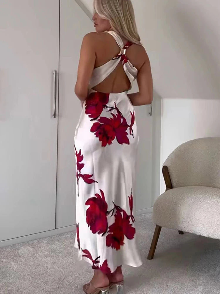White/Red Rose Flower Print Pile Collar Sleeveless Backless Skinny Maxi Beach Dress