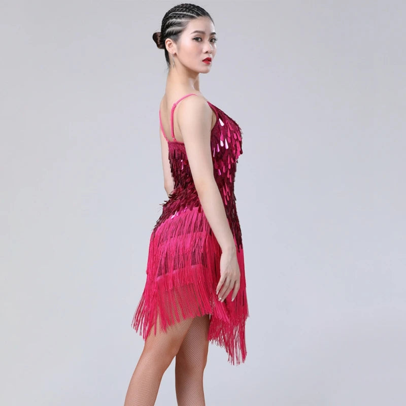 Sparkling Sequined Tassel Fringe Detail Salsa Samba Rumba Tango Latin Dance Flapper Dress