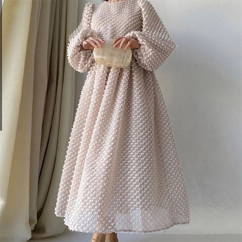 Solid Round Neck Lantern Long Sleeve Big Swing  A-Line Dress