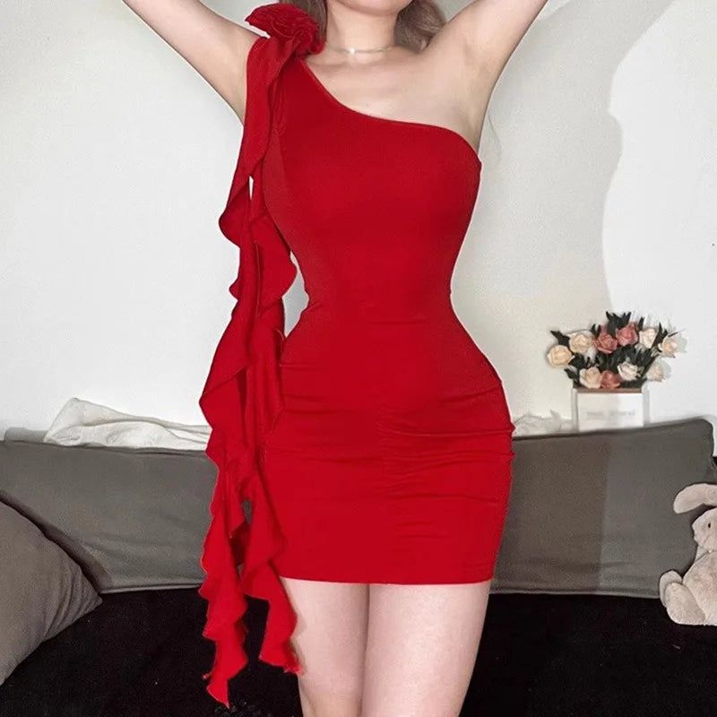 Red Oblique One Shoulder Sleeveless Ruched Ribbon Skinny Asymmetrical Backless Dress
