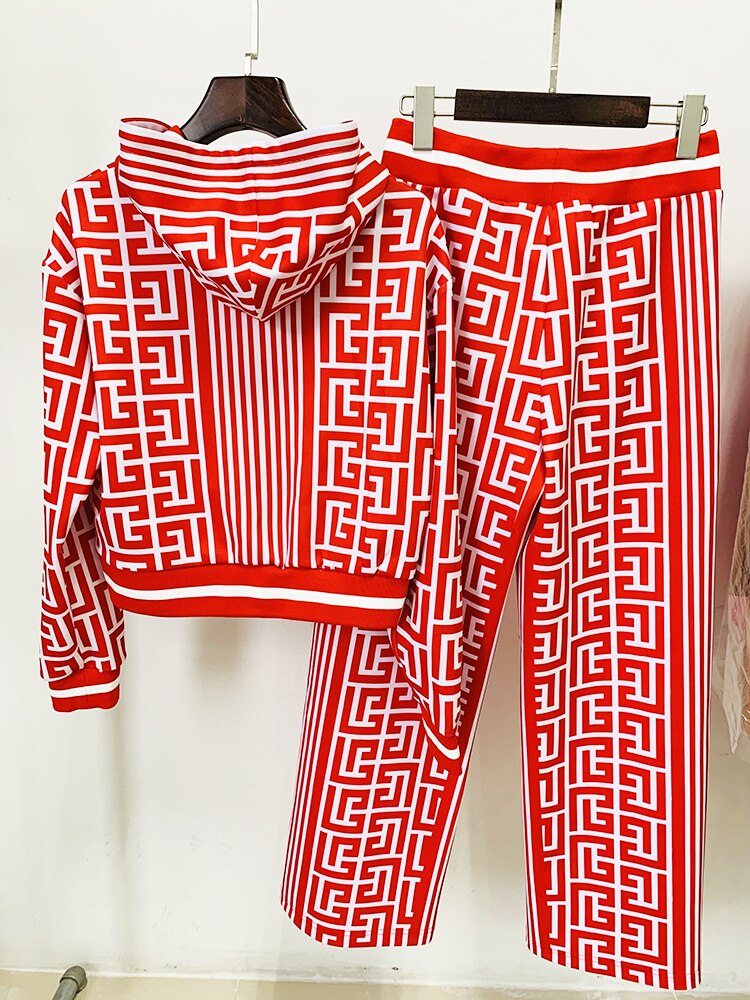 Geometric Designer Women's Monogram Print Hooded Sweatshirt + Wide Leg Pants 2-Piece Set