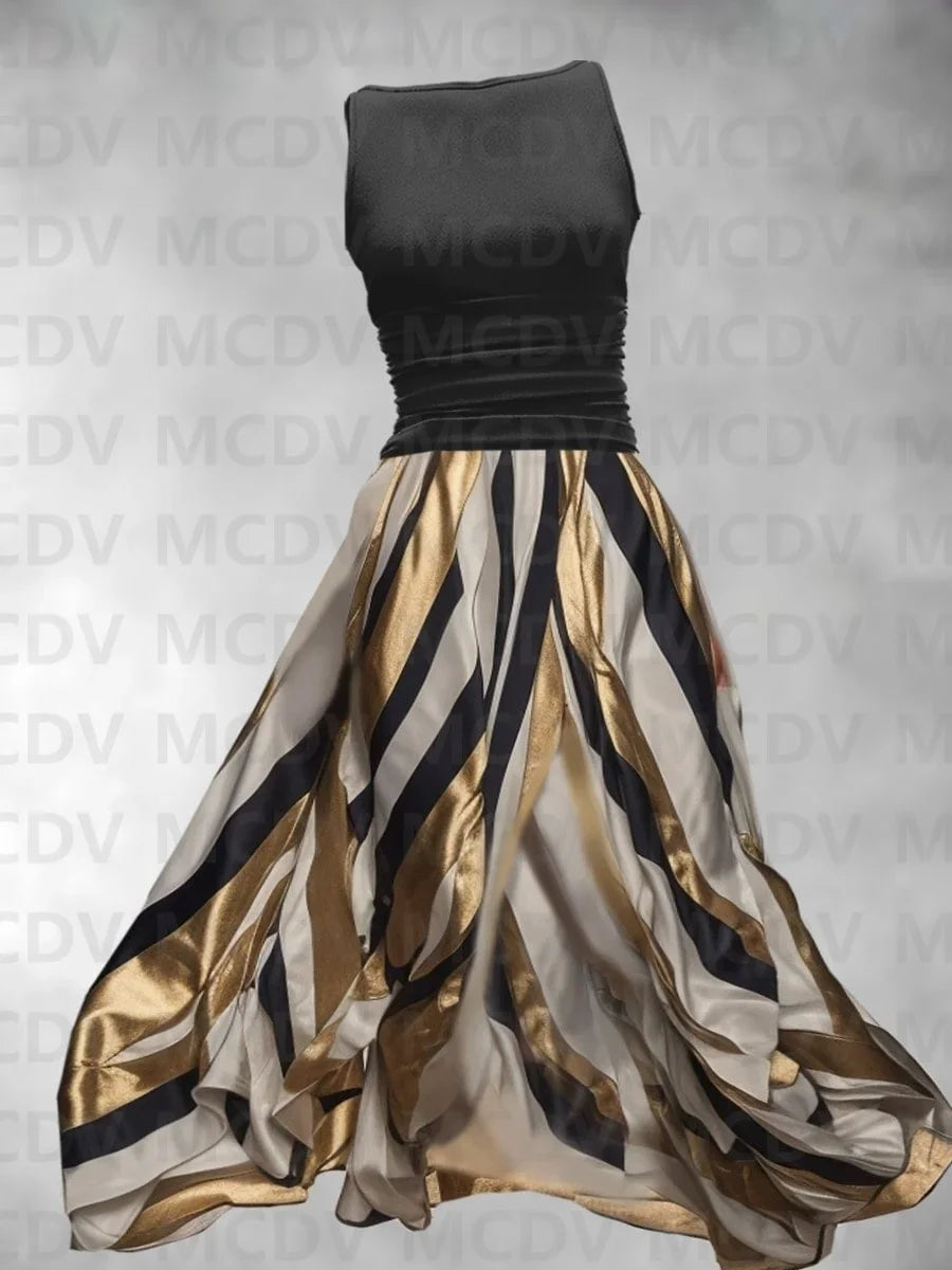 Rainbow Gradient/Plaid/Polka Dot/Striped Colorblock 3D Print Sleeveless O-Neck Swing Midi Dress to 3X Plus Size