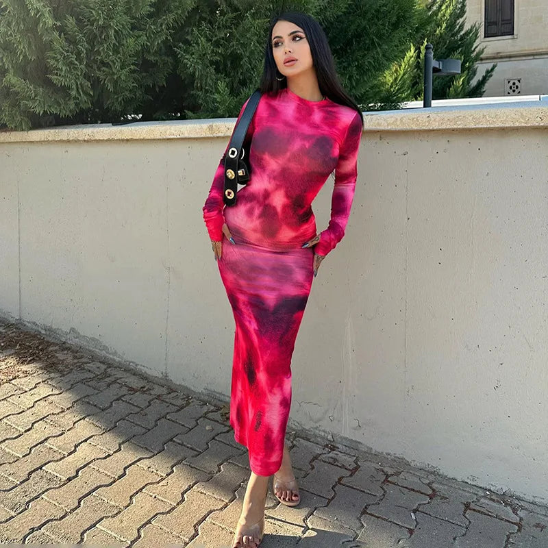 Tie-Dye Long Sleeve Skinny Fit Bodycon Maxi Dress