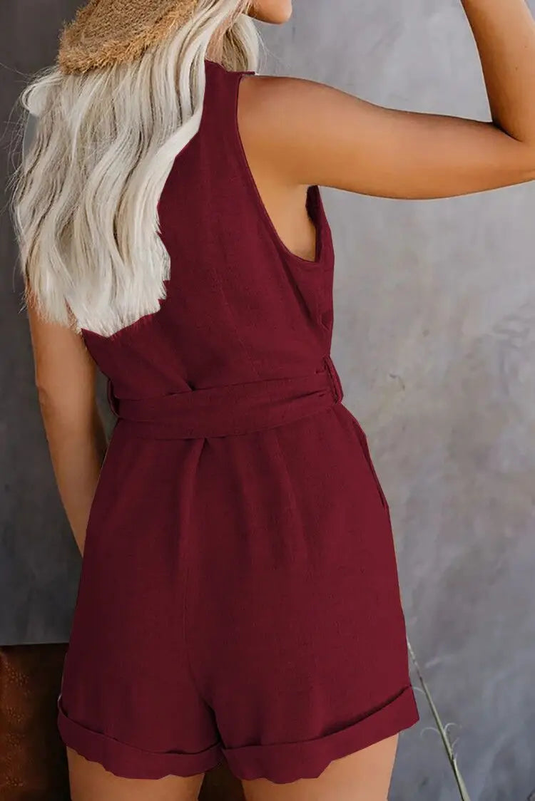 Sleeveless Button-Up Women's V-Neck Solid Color Monochromatic Sash Belt Romper