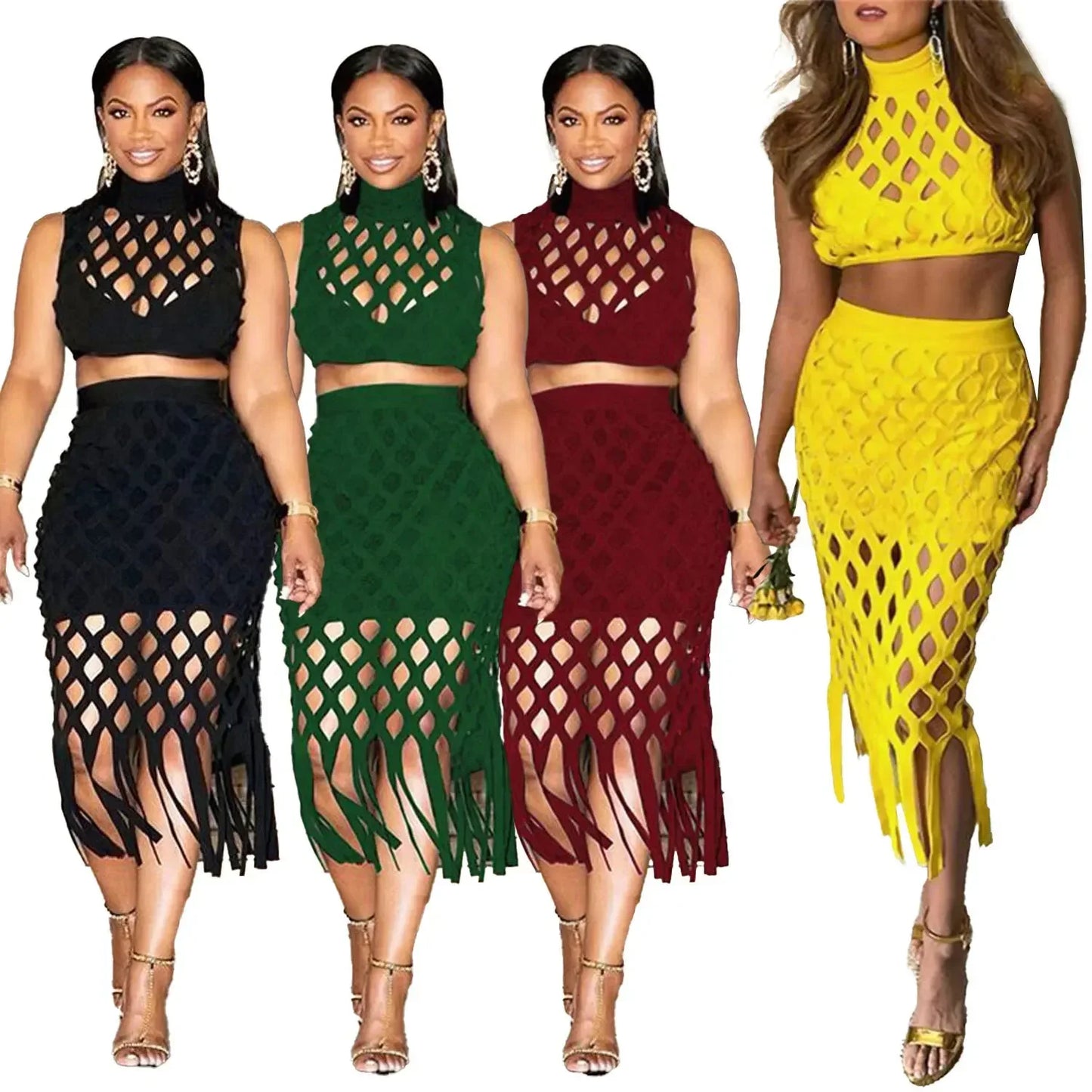 Crochet Geometric Grid Pattern Hollow-Out Solid Crop Top + Side Slit Midi Skirt Women's 2-Piece Sets to 3X Plus Size