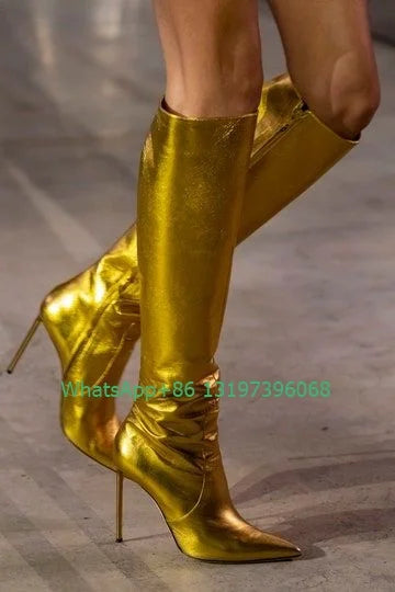 Gold PU Leather Pointed Toe Knee Side Zipper Stiletto Heel Boots