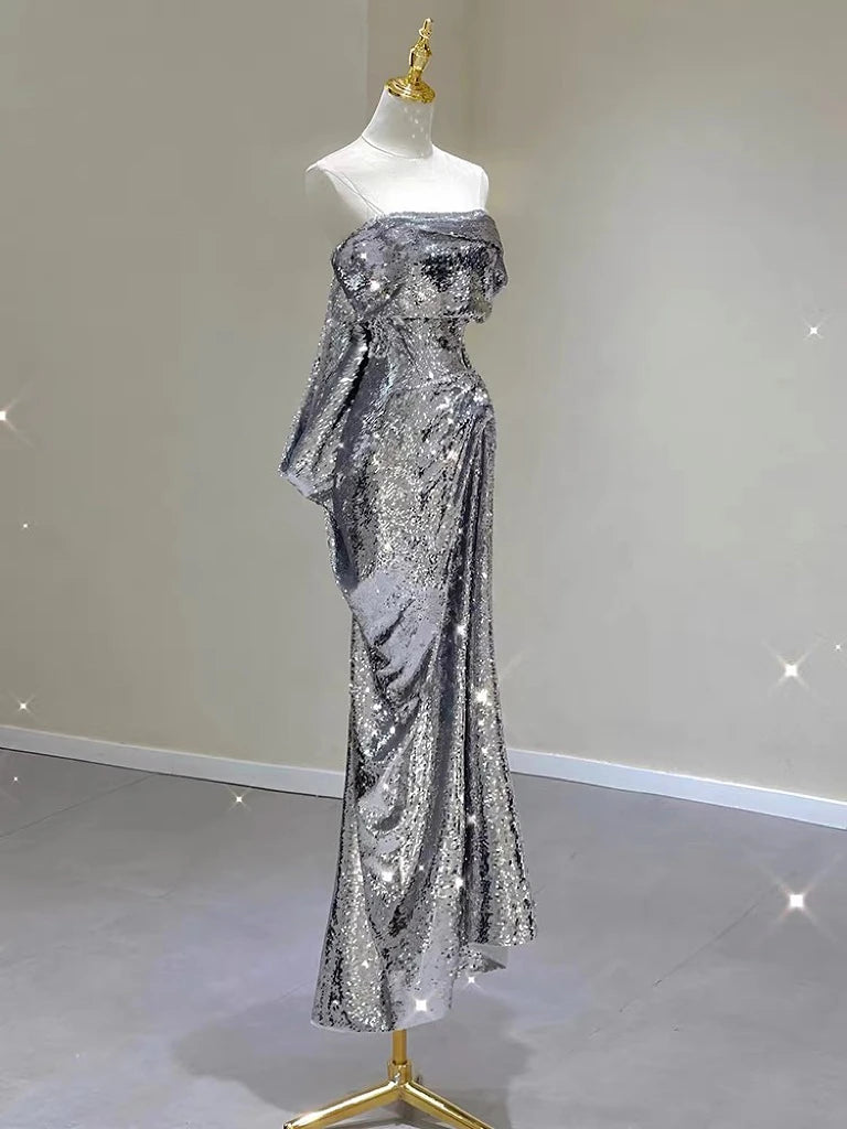 Silver Sequin Metallic Strapless Ruched Sleeveless Mermaid Formal Tube Dress