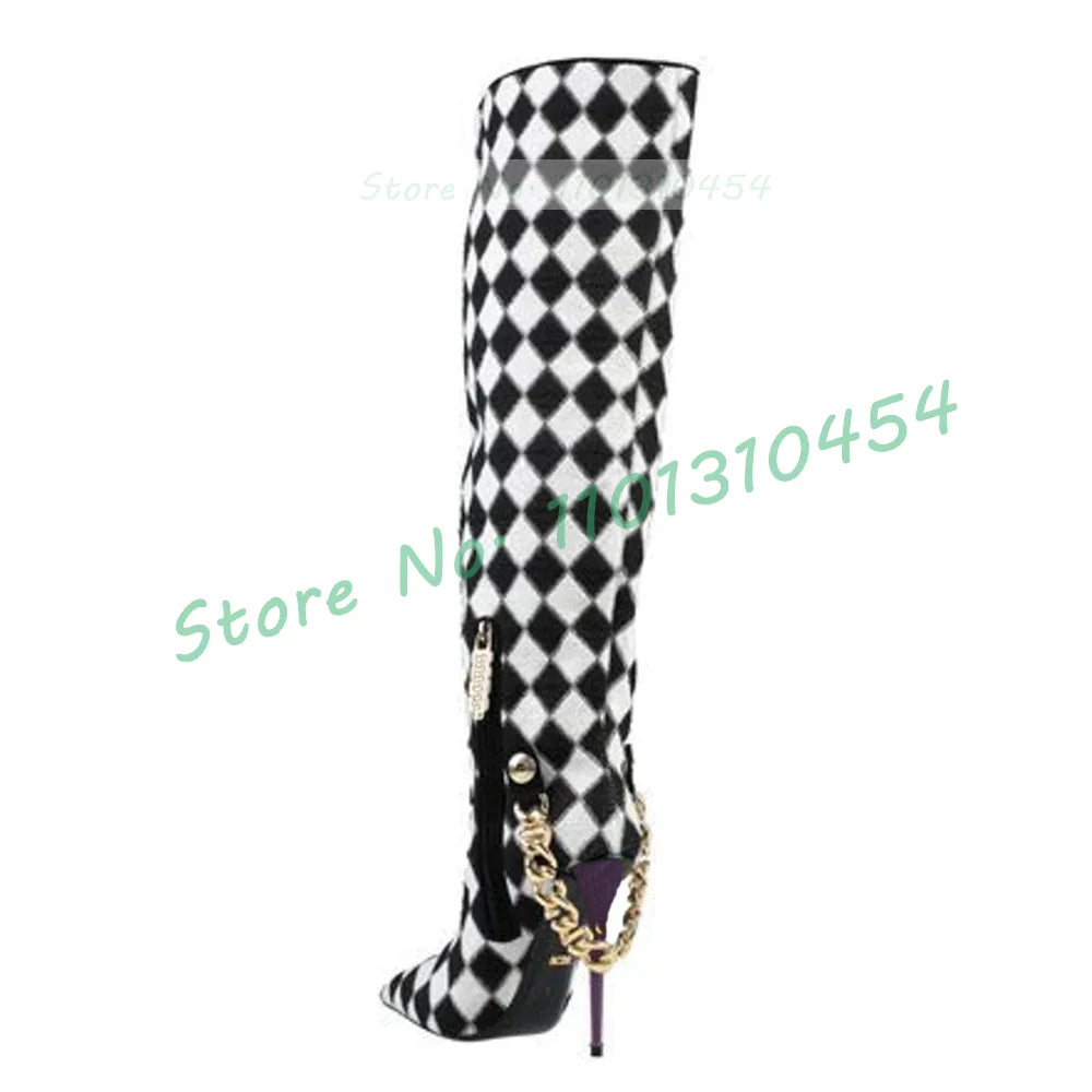 Plaid Black/White Checkered Knee-High Gold Chain Decor Purple Metal Stiletto Heel Pointed Toe Side Zipper Boots