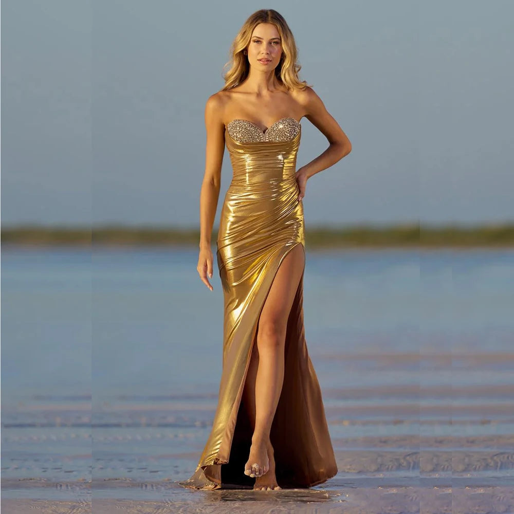 Gold Satin Faux Leather Sleeveless Strapless Chapel Train Pleated High Side Slit Customized Evening Gown Formal Maxi Party/Prom Dress