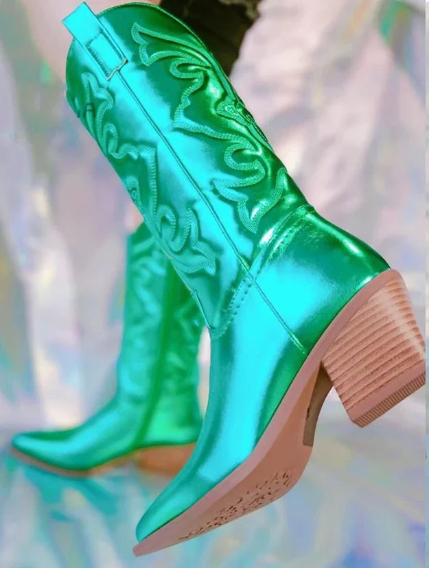 Western Embroidered Pointed Toe Side Zipper Stacked Heel Cowgirl Boots