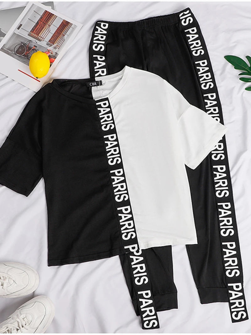 "PARIS" Off Shoulder Letter Print Colorblock T-Shirt + Sweatpants 2-Piece Set