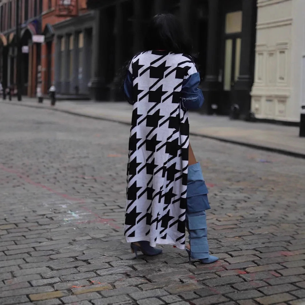 Houndstooth Colorblock Irregular Contrast Knitted Open Stitch Women's Maxi Cardigan Sweater