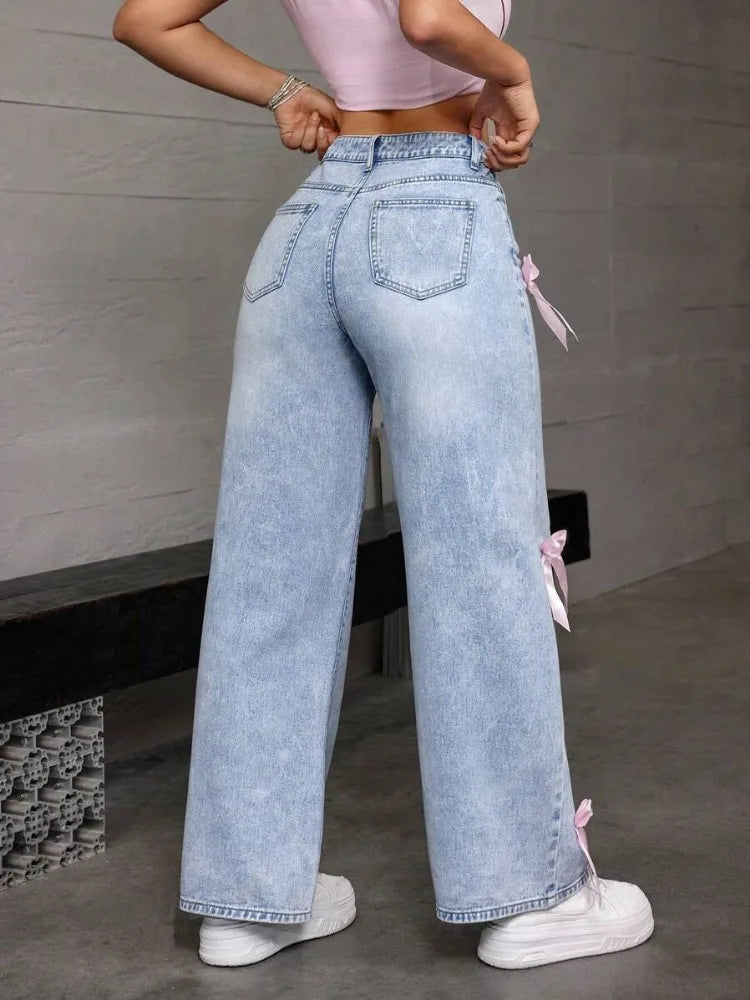 Pink/Blue Bowknot Decor Distressed Washed Light Blue Denim Women's Baggy Aesthetic Jeans