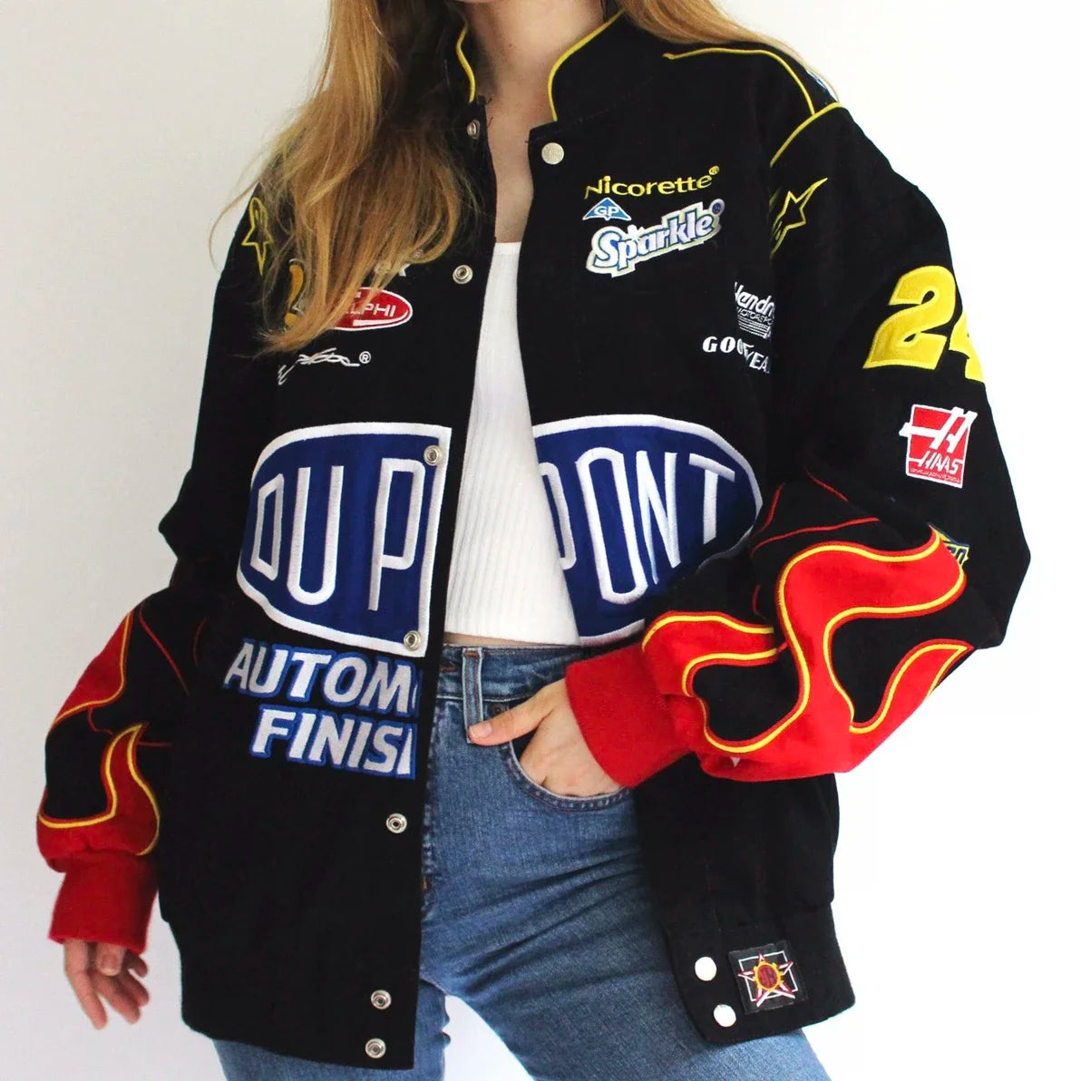 Streetwear Hip-Hop Patchwork Women's Multi Logo Biker Racing Zipper Bomber Jackets