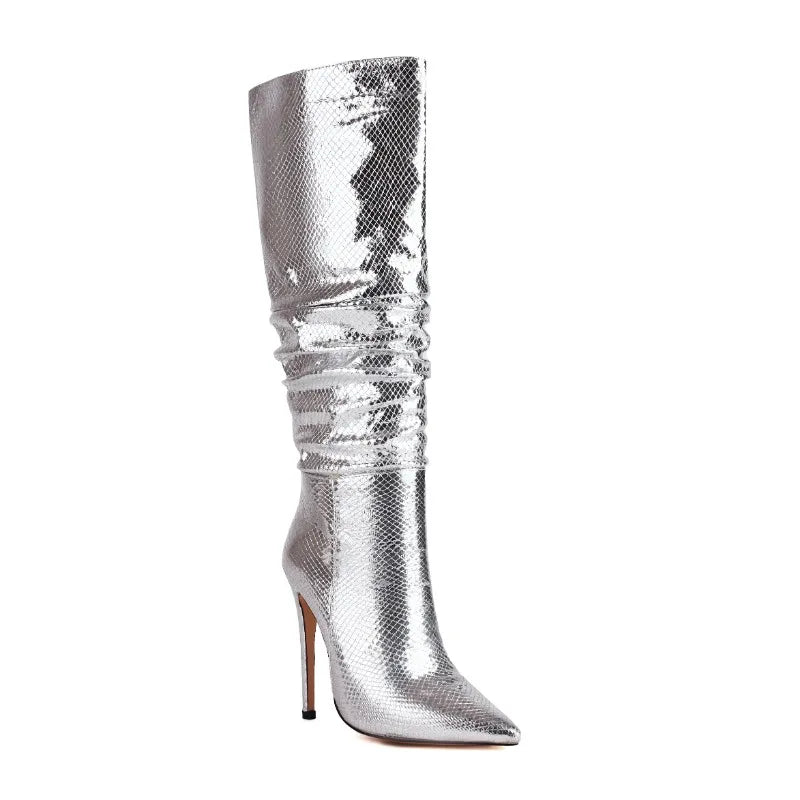 Metallic Pleated Snake Pattern Solid Leather Pointed Toe Knee High Thin Heel Boots