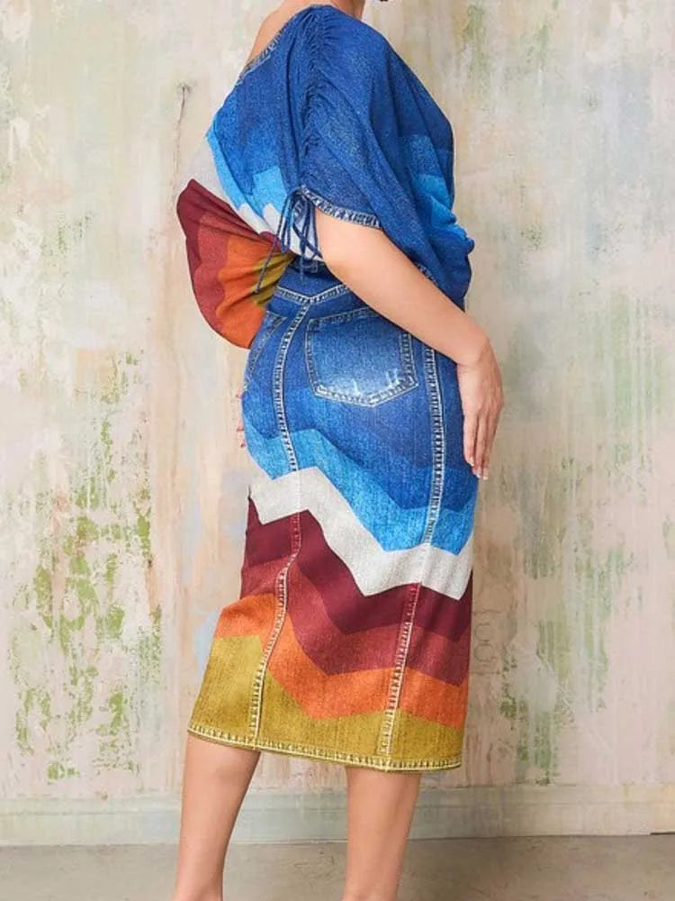 Mock Denim Striped Colorblock Slash Neck Women's Long Sleeve Crop Top + Open High Slit Skirt 2-Piece Set