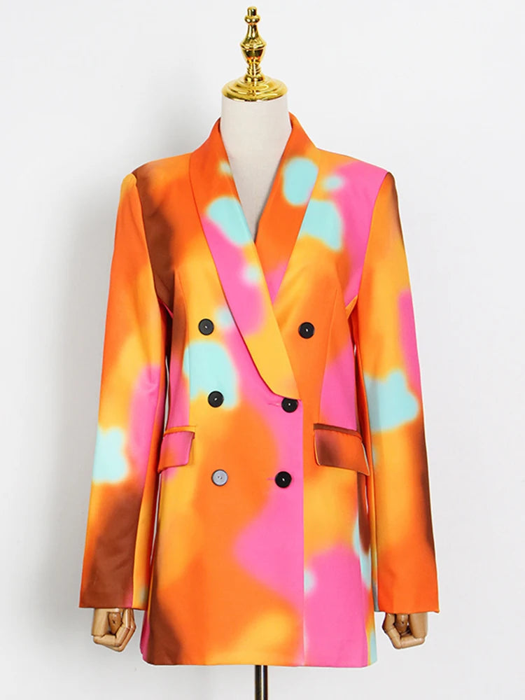 Tie-Dye Notched Collar Double Breasted Long Sleeve Blazer + Harem Pants Women's Suit