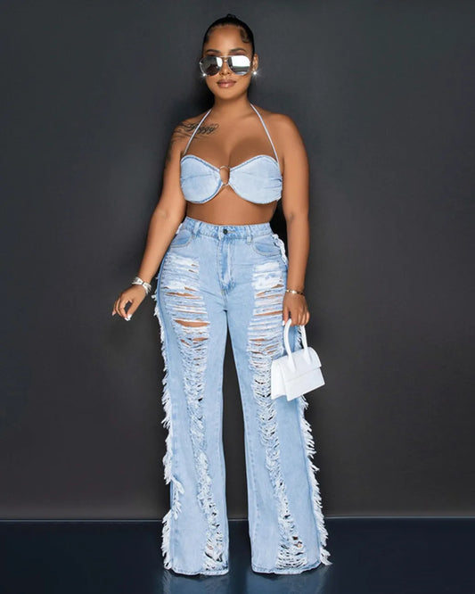 Sky Blue Denim Sleeveless Crop Tube Top + Ripped Women's Tassel Fringe Hollow-Out Two Piece Sets Women Outifits