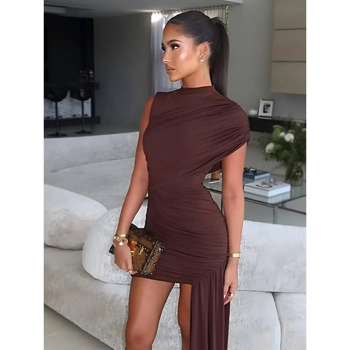 Ruched Asymmetrical Hanging Sash Train Sleeveless Formal Mini Party Dress
