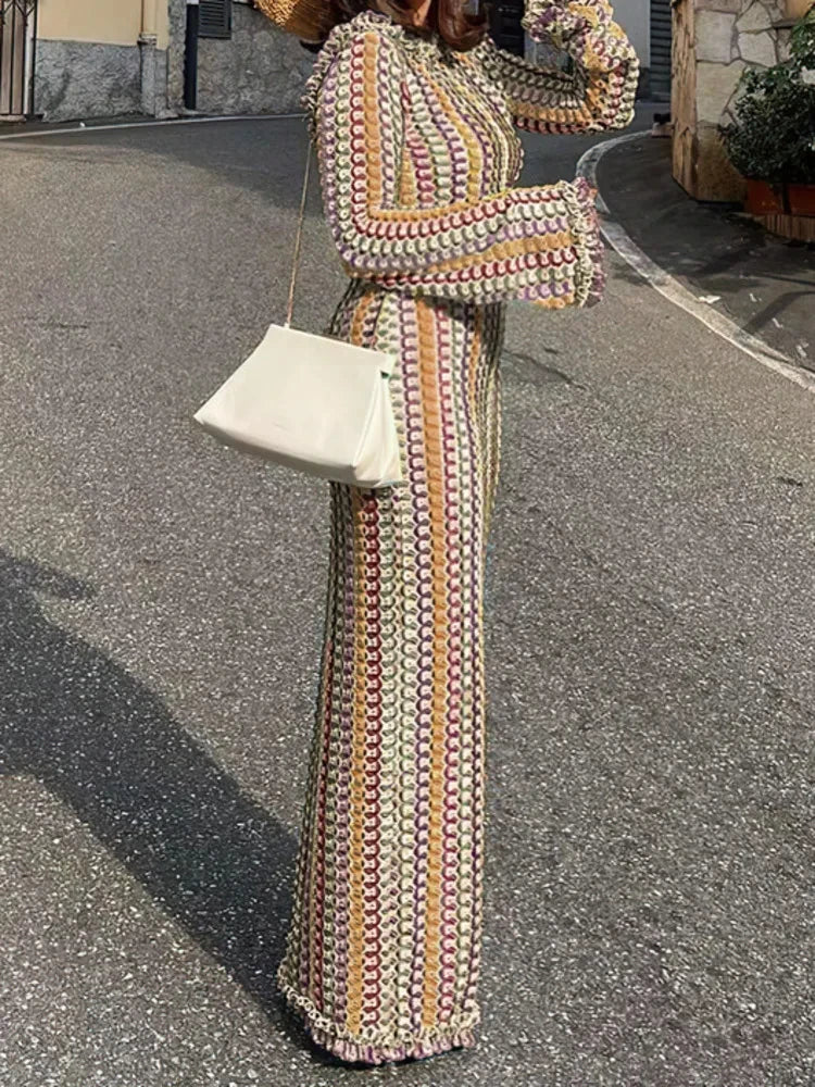 Striped Open Lace Stitch Pattern Backless Contrast Color Long Sleeve Loose Maxi Sweater Dress