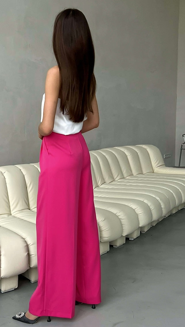 Pink Loose High Waist Long Solid Wide Leg Trouser Pants